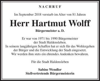 Traueranzeige von Hartmut Wolff  von Magdeburger Volksstimme