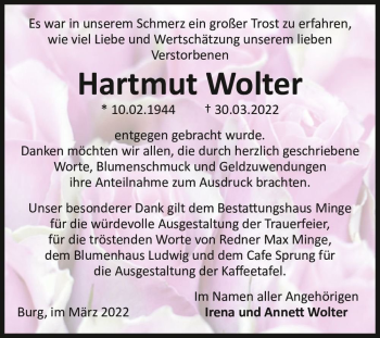 Traueranzeige von Hartmut Wolter  von Magdeburger Volksstimme