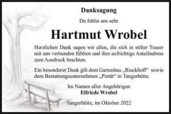 Traueranzeige von Hartmut Wrobel  von Magdeburger Volksstimme