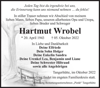 Traueranzeige von Hartmut Wrobel  von Magdeburger Volksstimme