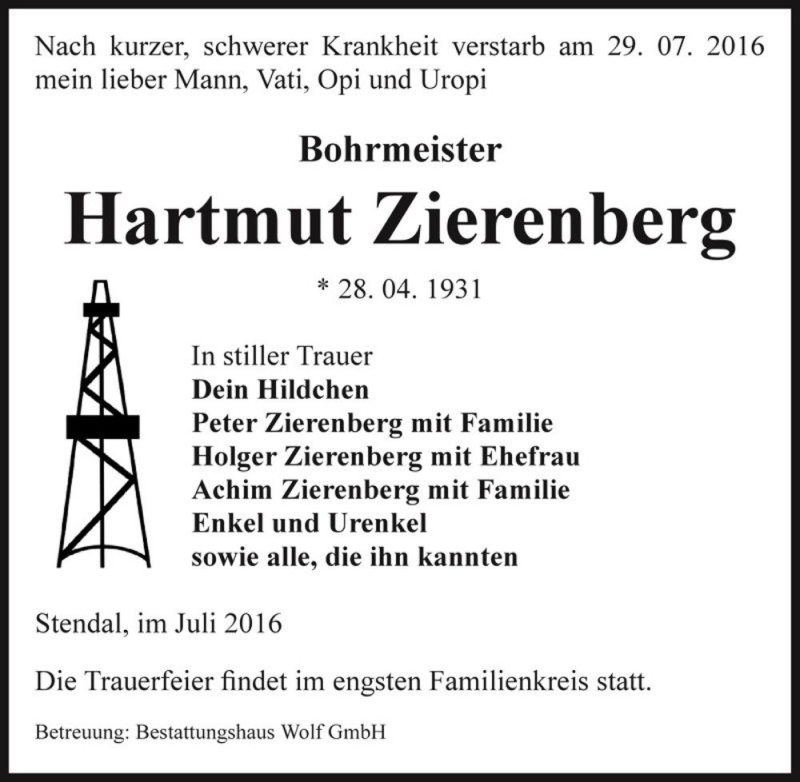  Traueranzeige für Hartmut Zierenberg  vom 06.08.2016 aus Magdeburger Volksstimme