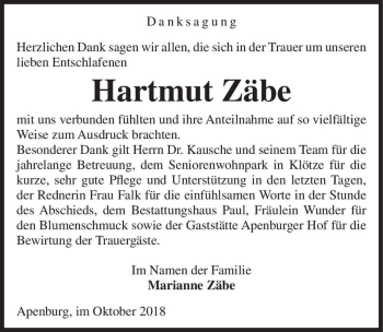 Traueranzeige von Hartmut Zäbe  von Magdeburger Volksstimme