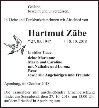 Traueranzeige von Hartmut Zäbe  von Magdeburger Volksstimme