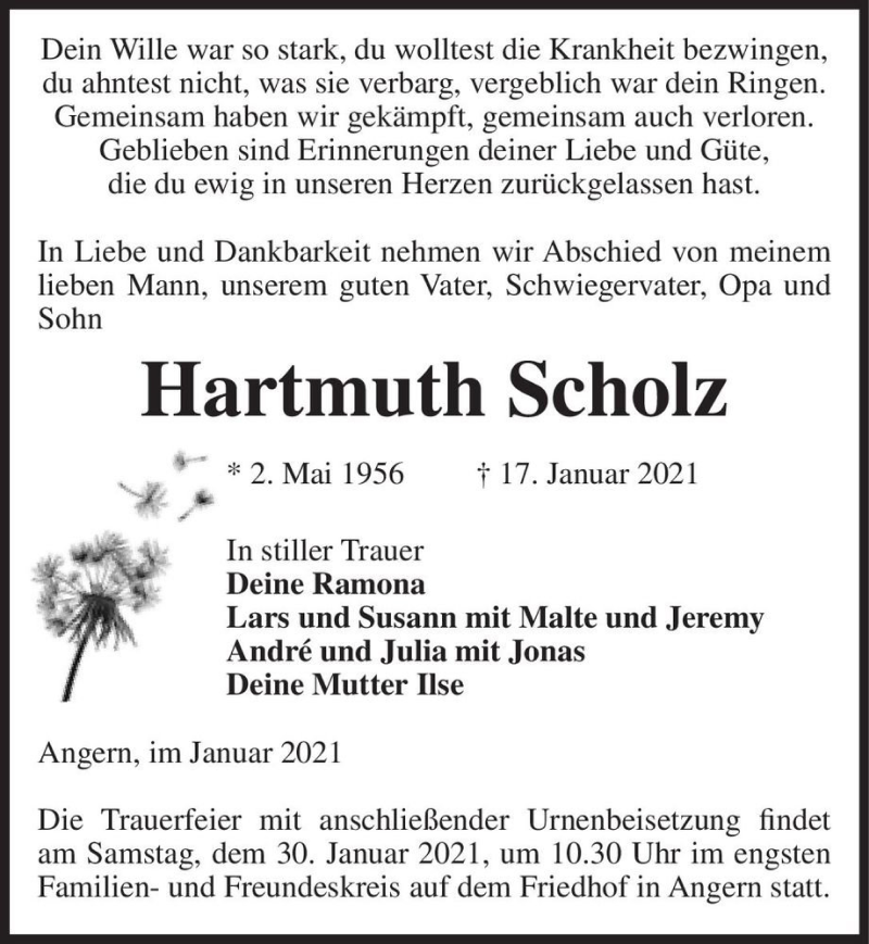  Traueranzeige für Hartmuth Scholz  vom 23.01.2021 aus Magdeburger Volksstimme