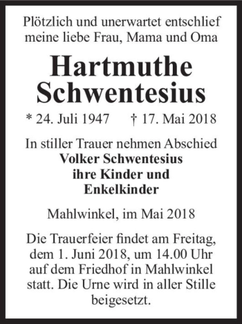 Traueranzeige von Hartmuthe Schwentesius  von Magdeburger Volksstimme