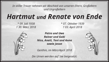 Traueranzeige von Hartmut und Renate von Ende  von Magdeburger Volksstimme