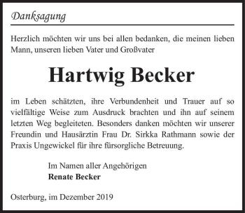 Traueranzeige von Hartwig Becker  von Magdeburger Volksstimme