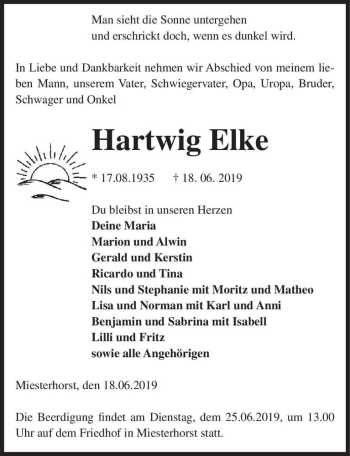 Traueranzeige von Hartwig Elke  von Magdeburger Volksstimme