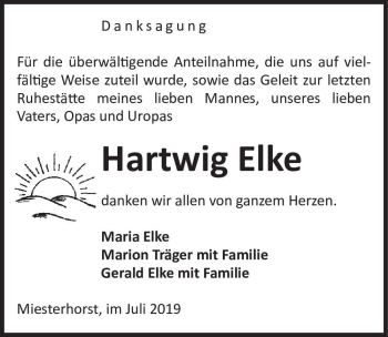 Traueranzeige von Hartwig Elke  von Magdeburger Volksstimme