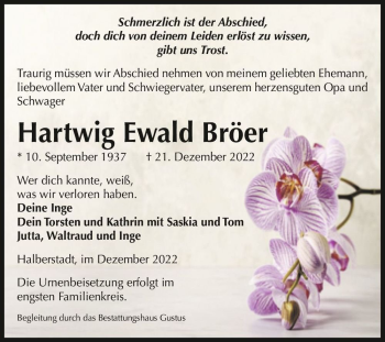 Traueranzeige von Hartwig Ewald Bröer  von Magdeburger Volksstimme