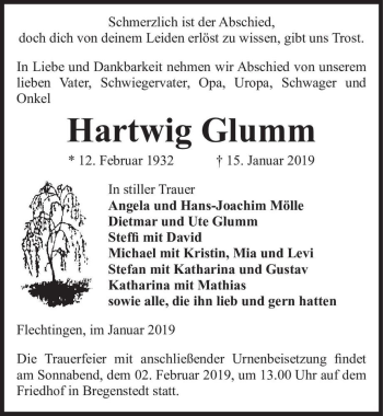 Traueranzeige von Hartwig Glumm  von Magdeburger Volksstimme