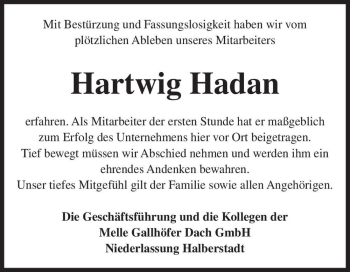 Traueranzeige von Hartwig Hadan  von Magdeburger Volksstimme