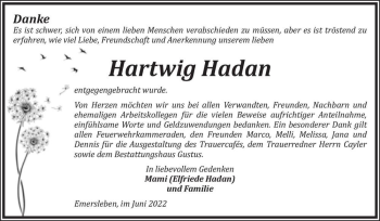 Traueranzeige von Hartwig Hadan  von Magdeburger Volksstimme