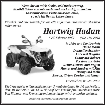 Traueranzeige von Hartwig Hadan  von Magdeburger Volksstimme