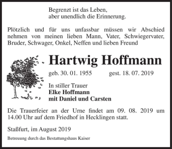 Traueranzeige von Hartwig Hoffmann  von Magdeburger Volksstimme