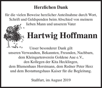 Traueranzeige von Hartwig Hoffmann  von Magdeburger Volksstimme