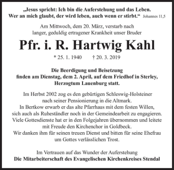 Traueranzeige von Hartwig Kahl  von Magdeburger Volksstimme