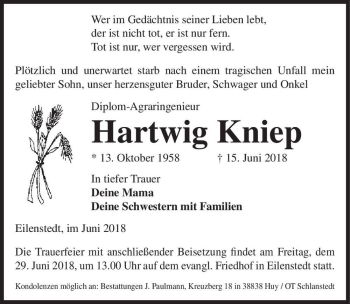 Traueranzeige von Hartwig Kniep  von Magdeburger Volksstimme