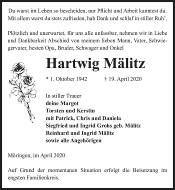 Traueranzeige von Hartwig Mälitz  von Magdeburger Volksstimme