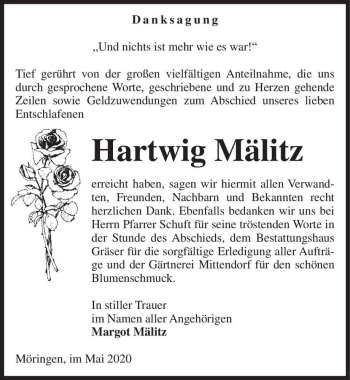 Traueranzeige von Hartwig Mälitz  von Magdeburger Volksstimme