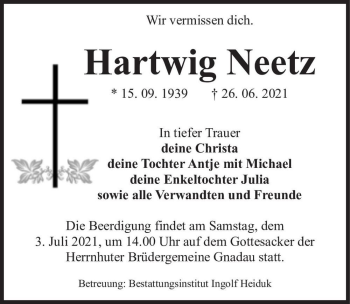 Traueranzeige von Hartwig Neetz  von Magdeburger Volksstimme