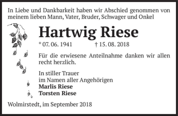 Traueranzeige von Hartwig Riese  von Magdeburger Volksstimme
