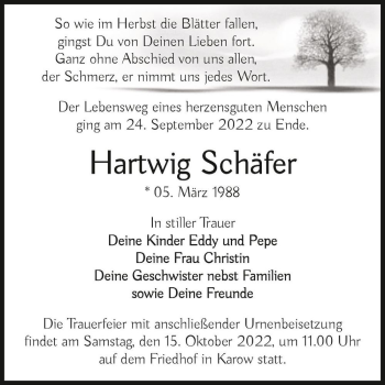 Traueranzeige von Hartwig Schäfer  von Magdeburger Volksstimme
