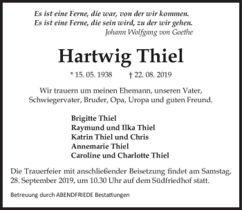 Traueranzeige von Hartwig Thiel  von Magdeburger Volksstimme