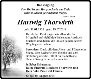 Traueranzeige von Hartwig Thorwirth  von Magdeburger Volksstimme