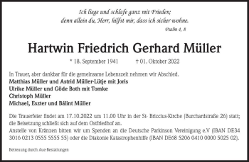 Traueranzeige von Hartwin Friedrich Gerhard Müller  von Magdeburger Volksstimme