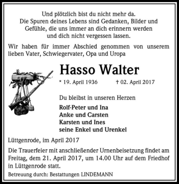 Traueranzeige von Hasso Walter  von Magdeburger Volksstimme