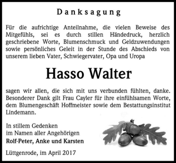 Traueranzeige von Hasso Walter  von Magdeburger Volksstimme