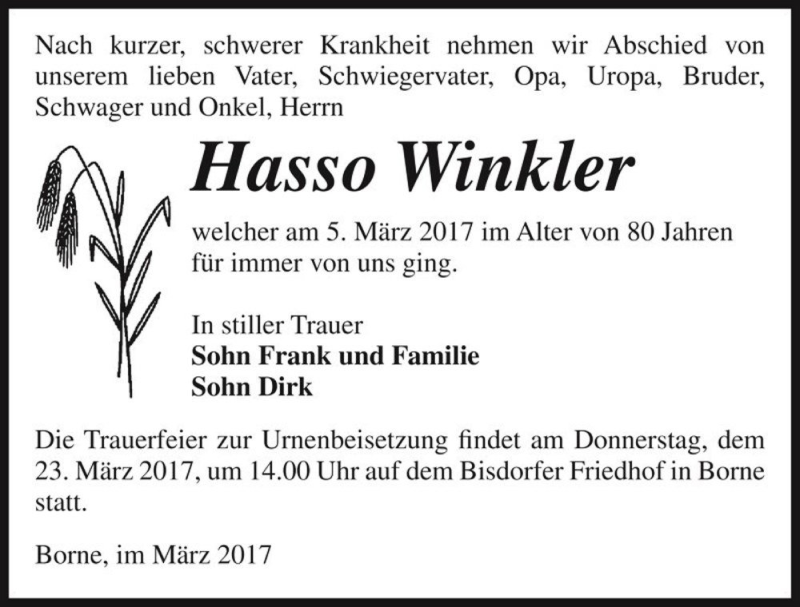  Traueranzeige für Hasso Winkler  vom 11.03.2017 aus Magdeburger Volksstimme