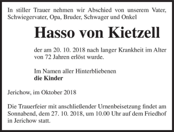 Traueranzeige von Hasso von Kietzell  von Magdeburger Volksstimme