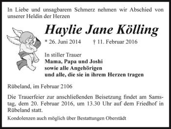 Traueranzeige von Haylie Jane Kölling  von Magdeburger Volksstimme