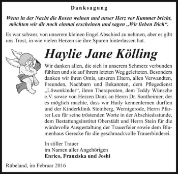Traueranzeige von Haylie Jane Kölling  von Magdeburger Volksstimme