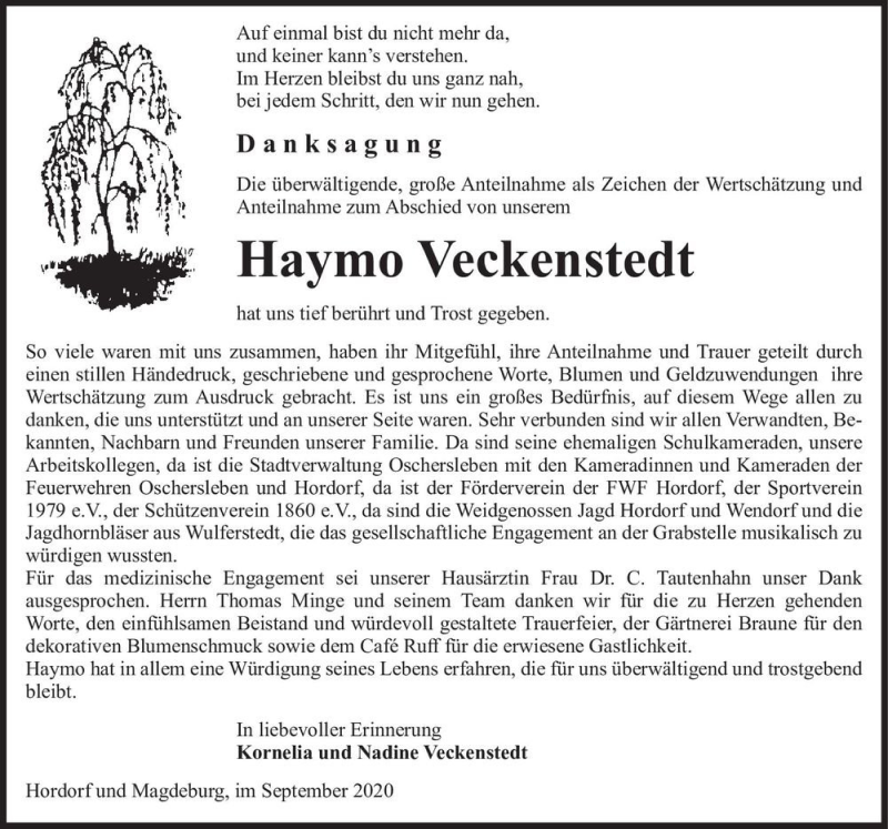  Traueranzeige für Haymo Veckenstedt  vom 17.10.2020 aus Magdeburger Volksstimme