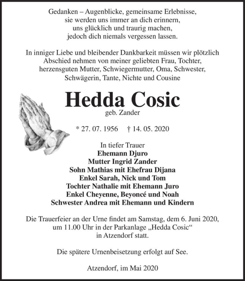  Traueranzeige für Hedda Cosic (geb. Zander)  vom 23.05.2020 aus Magdeburger Volksstimme