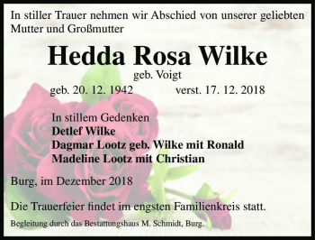 Traueranzeige von Hedda Rosa Wilke (geb. Voigt)  von Magdeburger Volksstimme