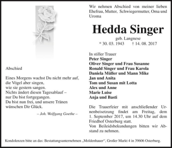 Traueranzeige von Hedda Singer (geb. Langnese)  von Magdeburger Volksstimme