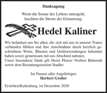 Traueranzeige von Hedel Kaliner  von Magdeburger Volksstimme