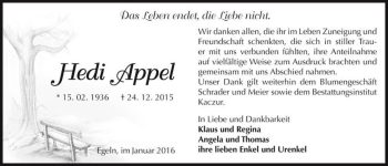 Traueranzeige von Hedi Appel  von Magdeburger Volksstimme
