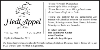Traueranzeige von Hedi Appel (geb. Klein)  von Magdeburger Volksstimme