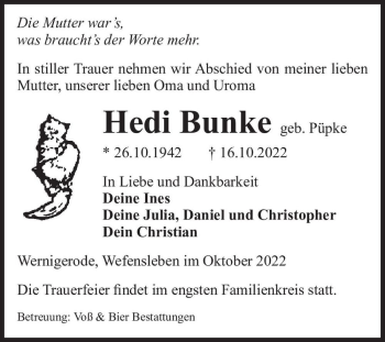 Traueranzeige von Hedi Bunke (geb. Püpke)  von Magdeburger Volksstimme