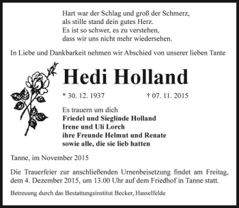 Traueranzeige von Hedi Holland  von Magdeburger Volksstimme