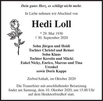 Traueranzeige von Hedi Loll  von Magdeburger Volksstimme