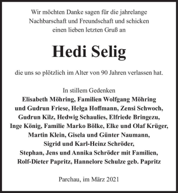 Traueranzeige von Hedi Selig  von Magdeburger Volksstimme