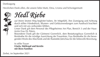 Traueranzeige von Hedl Riebe  von Magdeburger Volksstimme