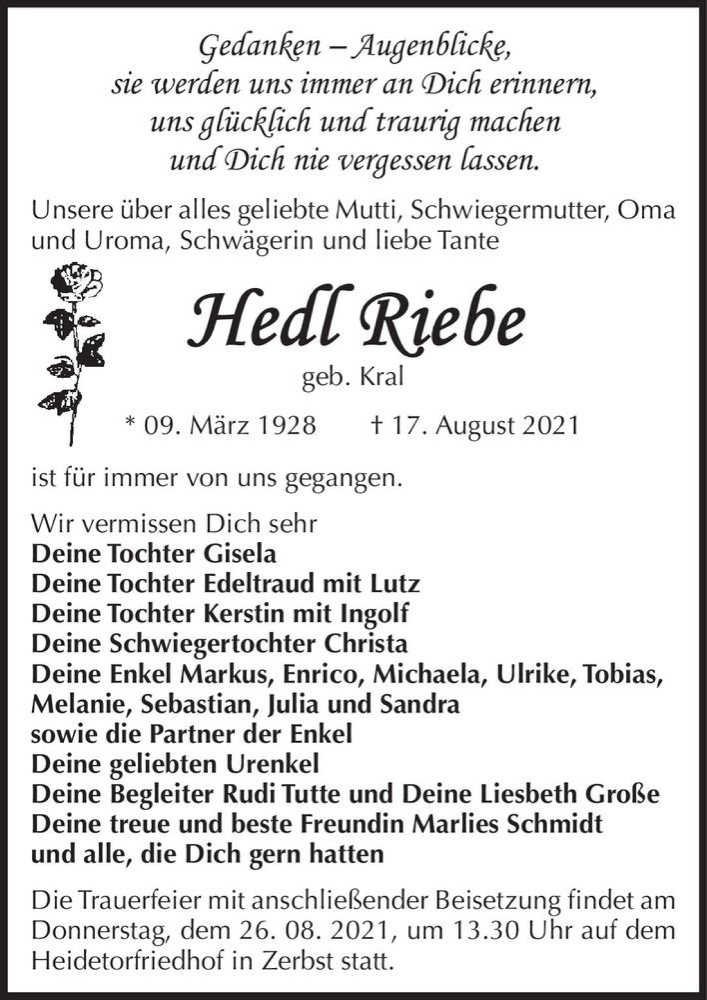  Traueranzeige für Hedl Riebe (geb. Kral)  vom 21.08.2021 aus Magdeburger Volksstimme