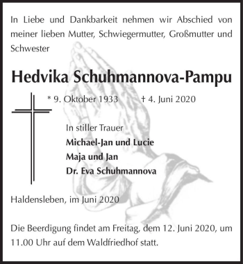 Traueranzeige von Hedvika Schuhmannova-Pampu  von Magdeburger Volksstimme